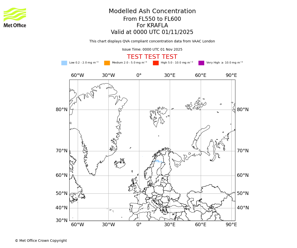 Modelled ash concentration from 550 to 600 for KRAFLA. Valid at 0000 UTC 01/11/2025