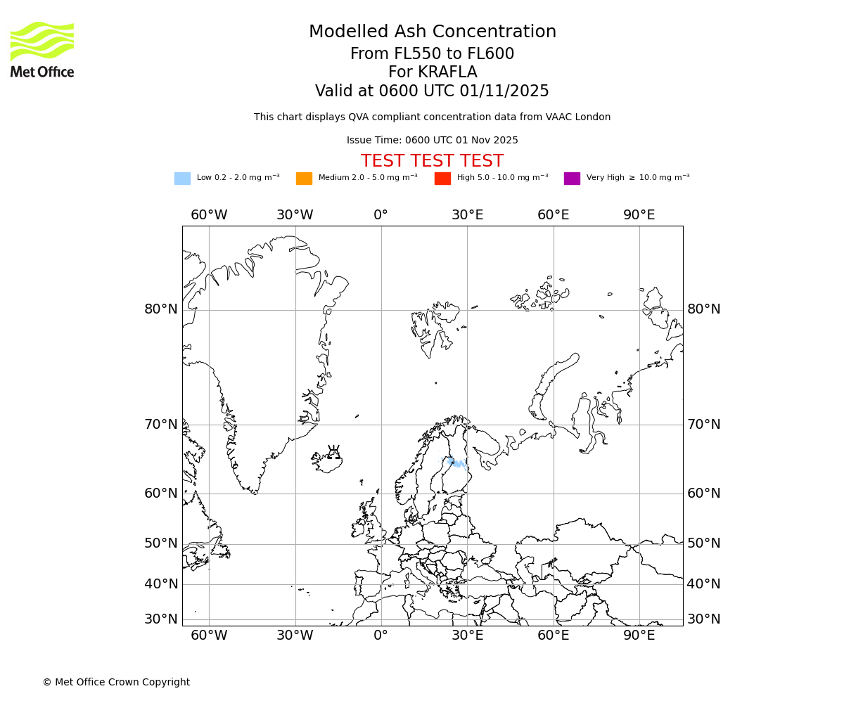 Modelled ash concentration from 550 to 600 for KRAFLA. Valid at 0600 UTC 01/11/2025