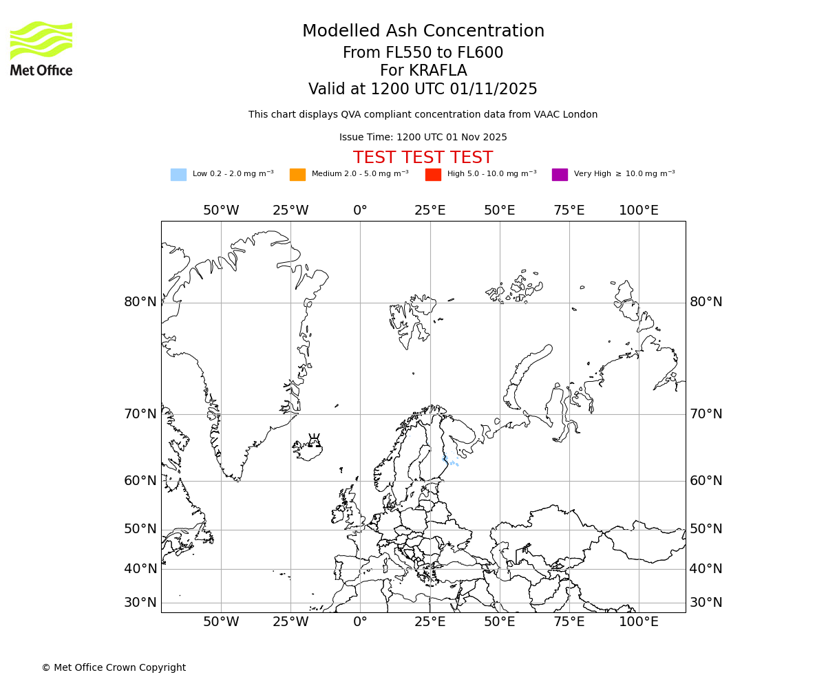 Modelled ash concentration from 550 to 600 for KRAFLA. Valid at 1200 UTC 01/11/2025