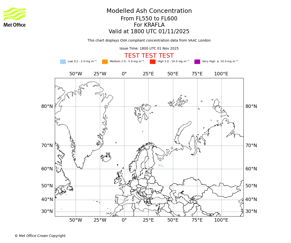 Modelled ash concentration from 550 to 600 for KRAFLA. Valid at 1800 UTC 01/11/2025