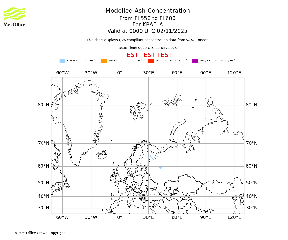 Modelled ash concentration from 550 to 600 for KRAFLA. Valid at 0000 UTC 02/11/2025