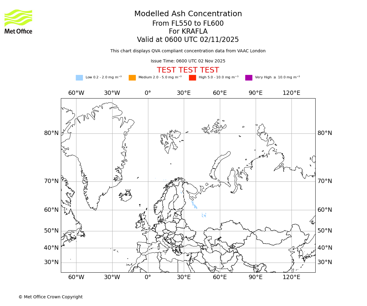 Modelled ash concentration from 550 to 600 for KRAFLA. Valid at 0600 UTC 02/11/2025