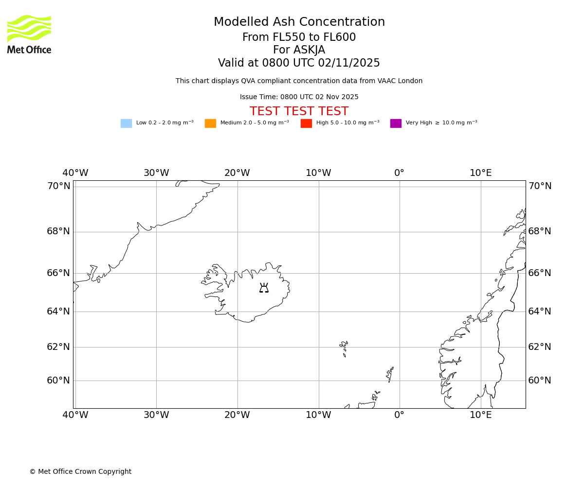 Modelled ash concentration from 550 to 600 for ASKJA. Valid at 0800 UTC 02/11/2025