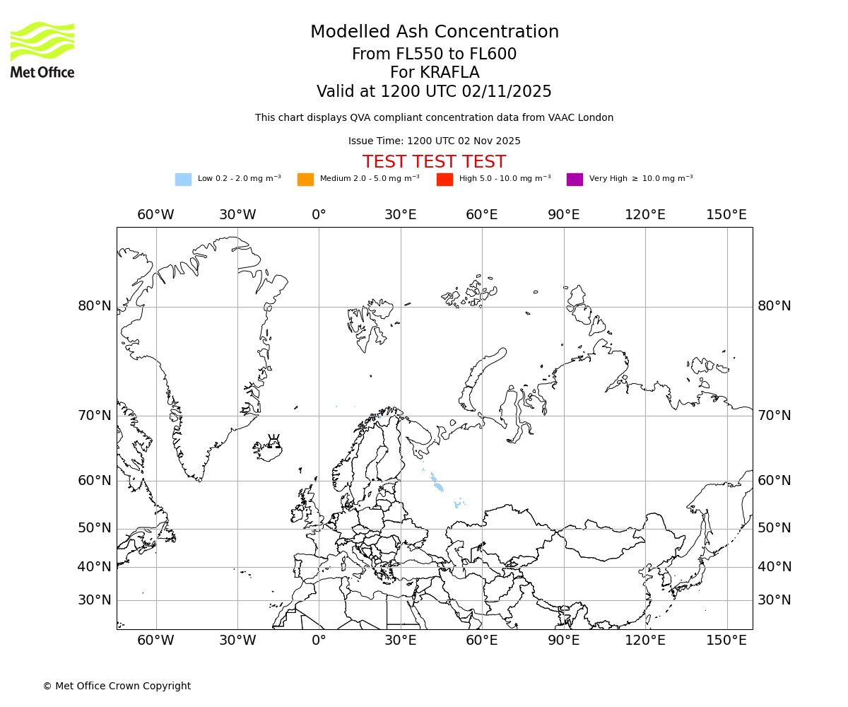Modelled ash concentration from 550 to 600 for KRAFLA. Valid at 1200 UTC 02/11/2025