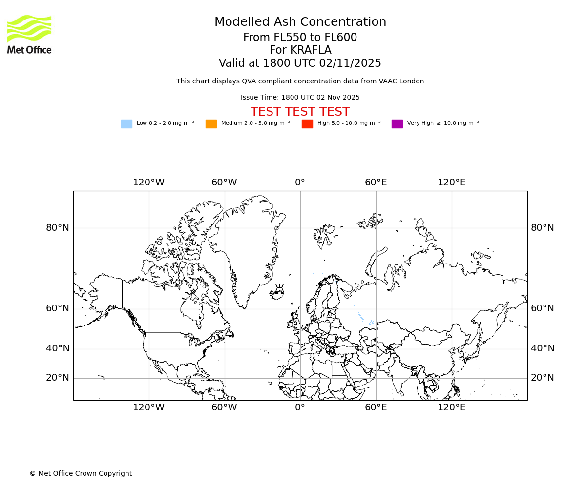 Modelled ash concentration from 550 to 600 for KRAFLA. Valid at 1800 UTC 02/11/2025