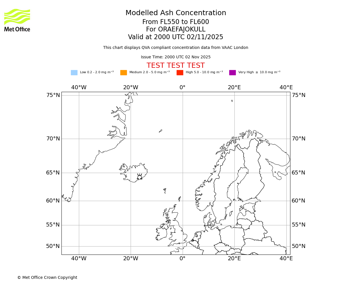 Modelled ash concentration from 550 to 600 for ORAEFAJOKULL. Valid at 2000 UTC 02/11/2025
