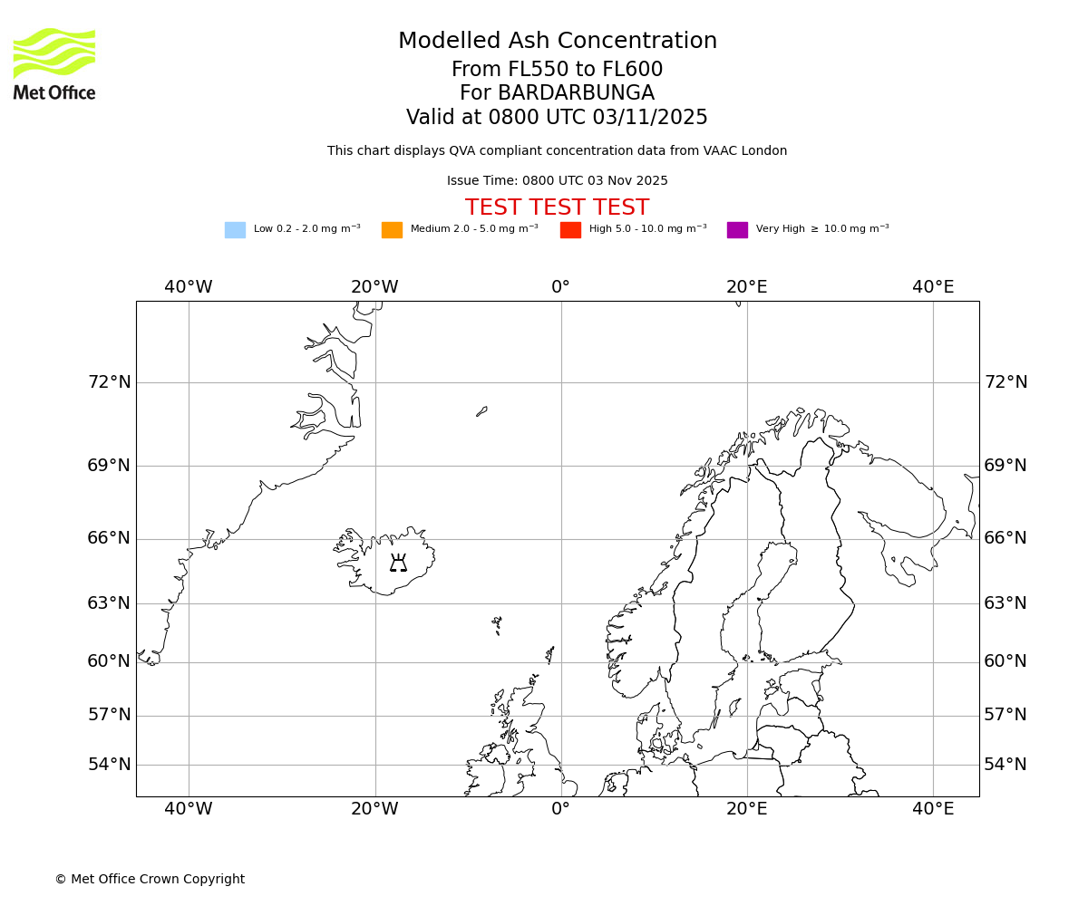 Modelled ash concentration from 550 to 600 for BARDARBUNGA. Valid at 0800 UTC 03/11/2025