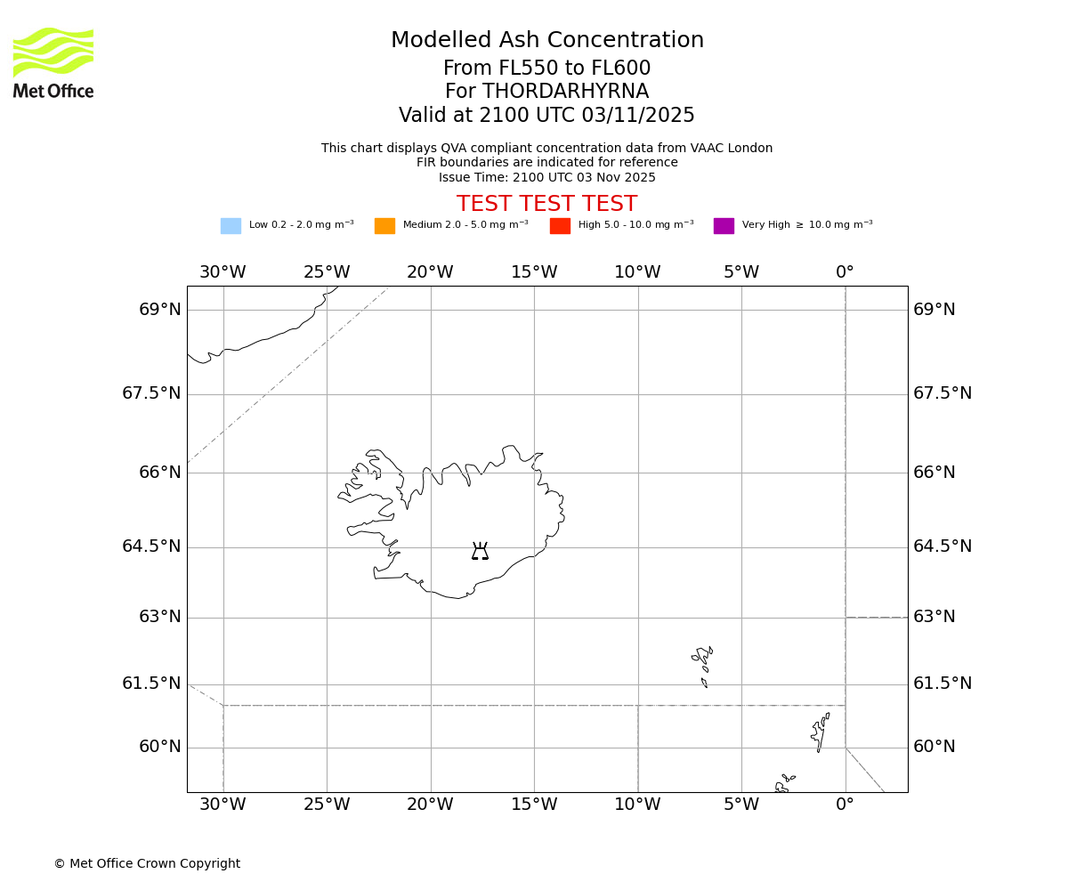 Modelled ash concentration from 550 to 600 for THORDARHYRNA. Valid at 2100 UTC 03/11/2025