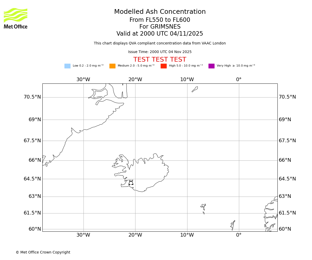 Modelled ash concentration from 550 to 600 for GRIMSNES. Valid at 2000 UTC 04/11/2025