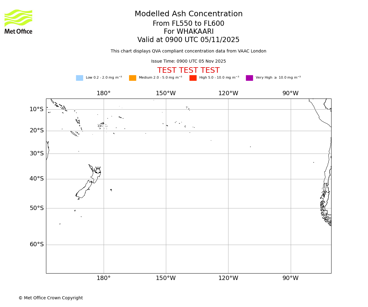 Modelled ash concentration from 550 to 600 for WHAKAARI. Valid at 0900 UTC 05/11/2025
