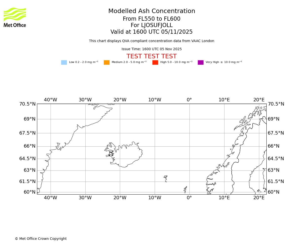 Modelled ash concentration from 550 to 600 for LJOSUFJOLL. Valid at 1600 UTC 05/11/2025