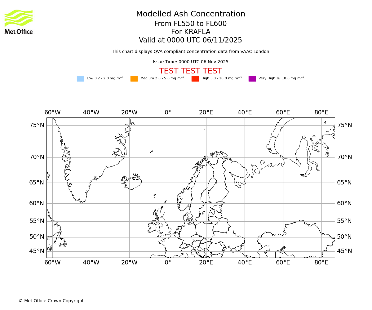 Modelled ash concentration from 550 to 600 for KRAFLA. Valid at 0000 UTC 06/11/2025