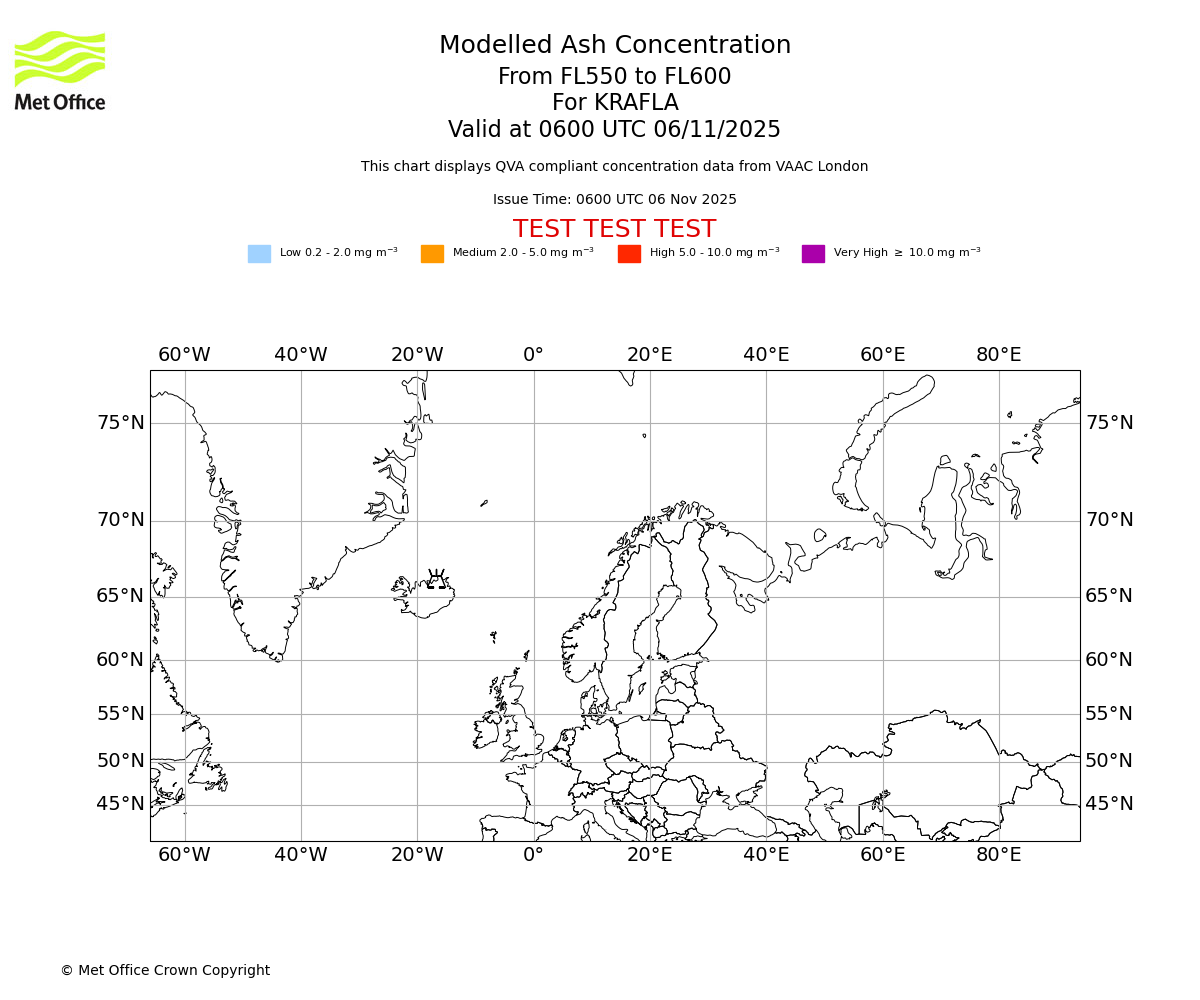 Modelled ash concentration from 550 to 600 for KRAFLA. Valid at 0600 UTC 06/11/2025
