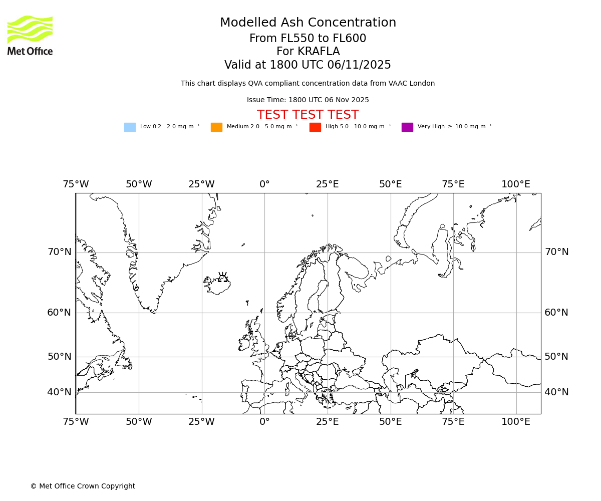 Modelled ash concentration from 550 to 600 for KRAFLA. Valid at 1800 UTC 06/11/2025