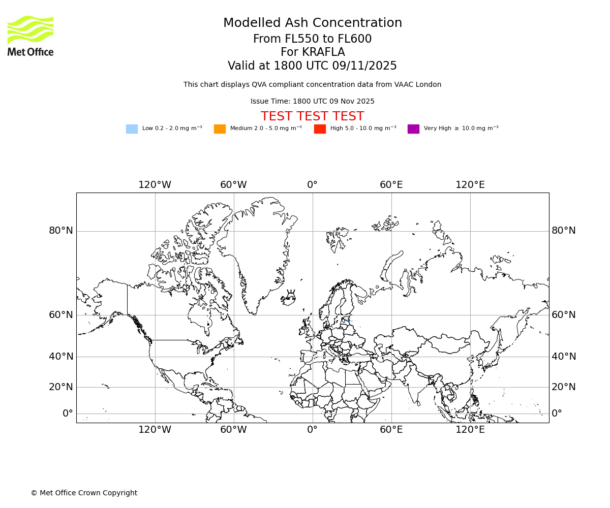Modelled ash concentration from 550 to 600 for KRAFLA. Valid at 1800 UTC 09/11/2025