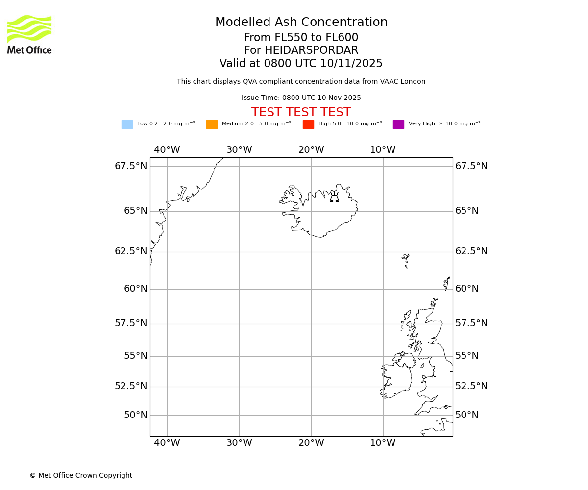Modelled ash concentration from 550 to 600 for HEIDARSPORDAR. Valid at 0800 UTC 10/11/2025