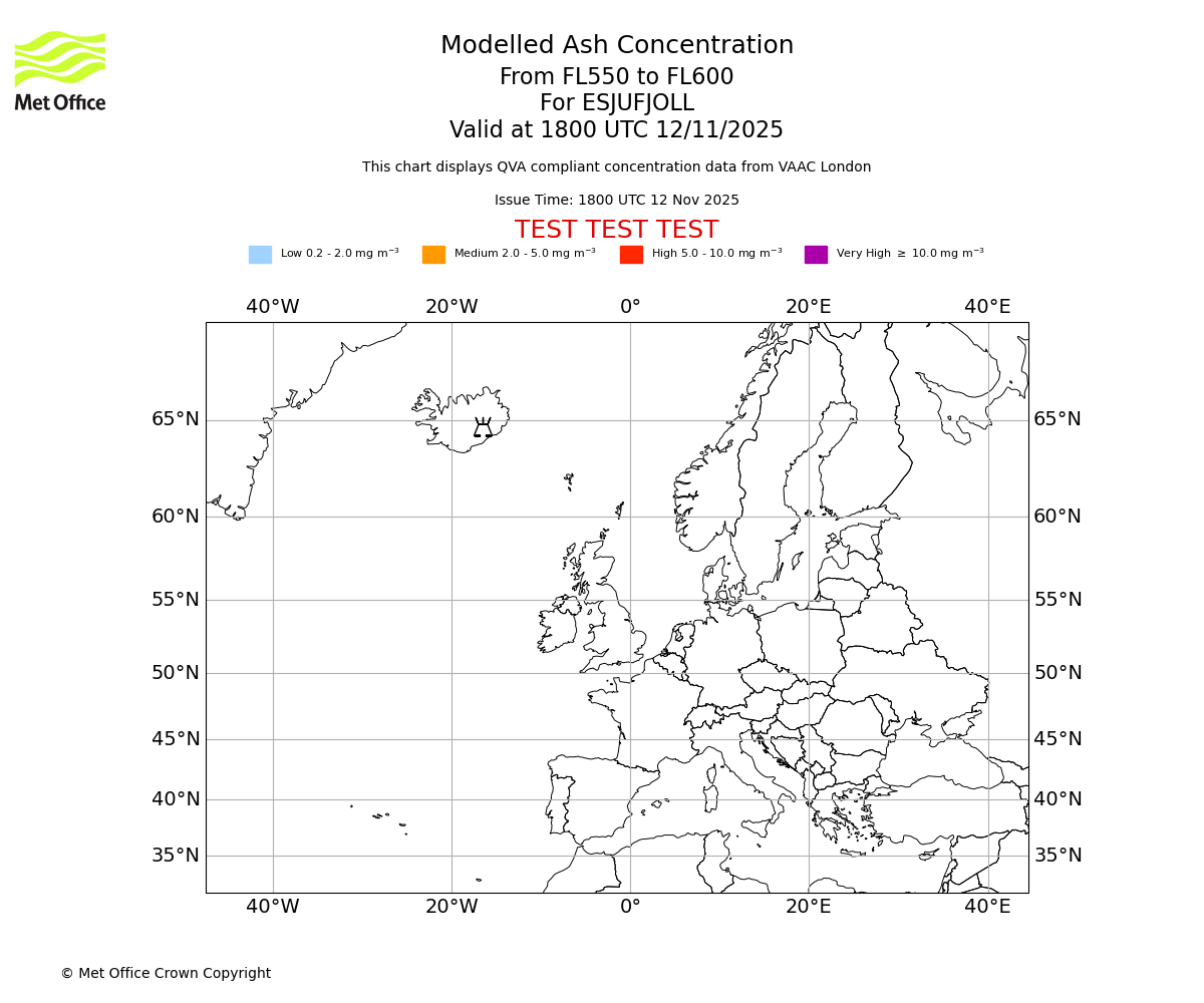 Modelled ash concentration from 550 to 600 for ESJUFJOLL. Valid at 1800 UTC 12/11/2025