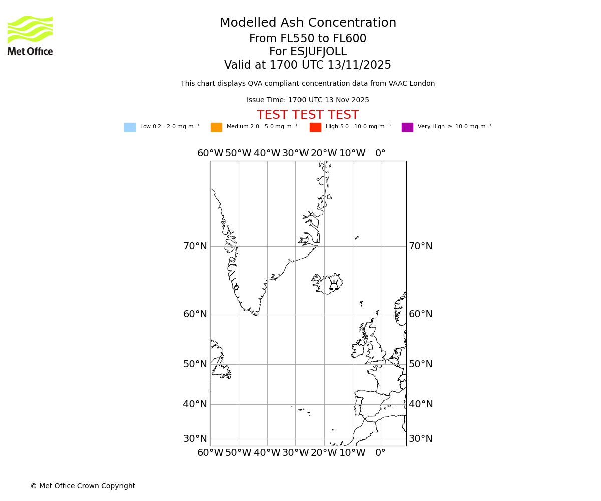 Modelled ash concentration from 550 to 600 for ESJUFJOLL. Valid at 1700 UTC 13/11/2025