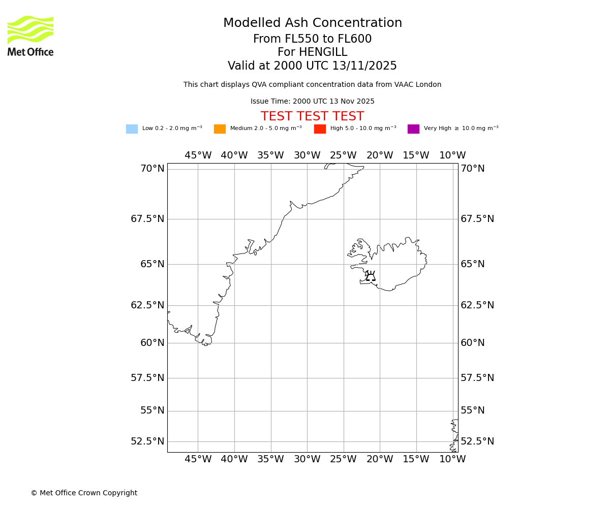 Modelled ash concentration from 550 to 600 for HENGILL. Valid at 2000 UTC 13/11/2025