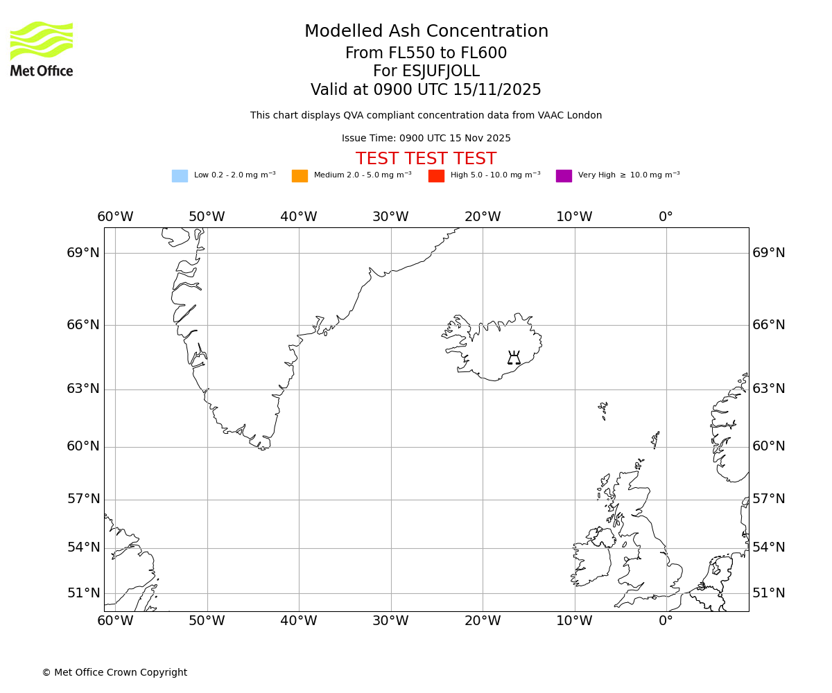 Modelled ash concentration from 550 to 600 for ESJUFJOLL. Valid at 0900 UTC 15/11/2025