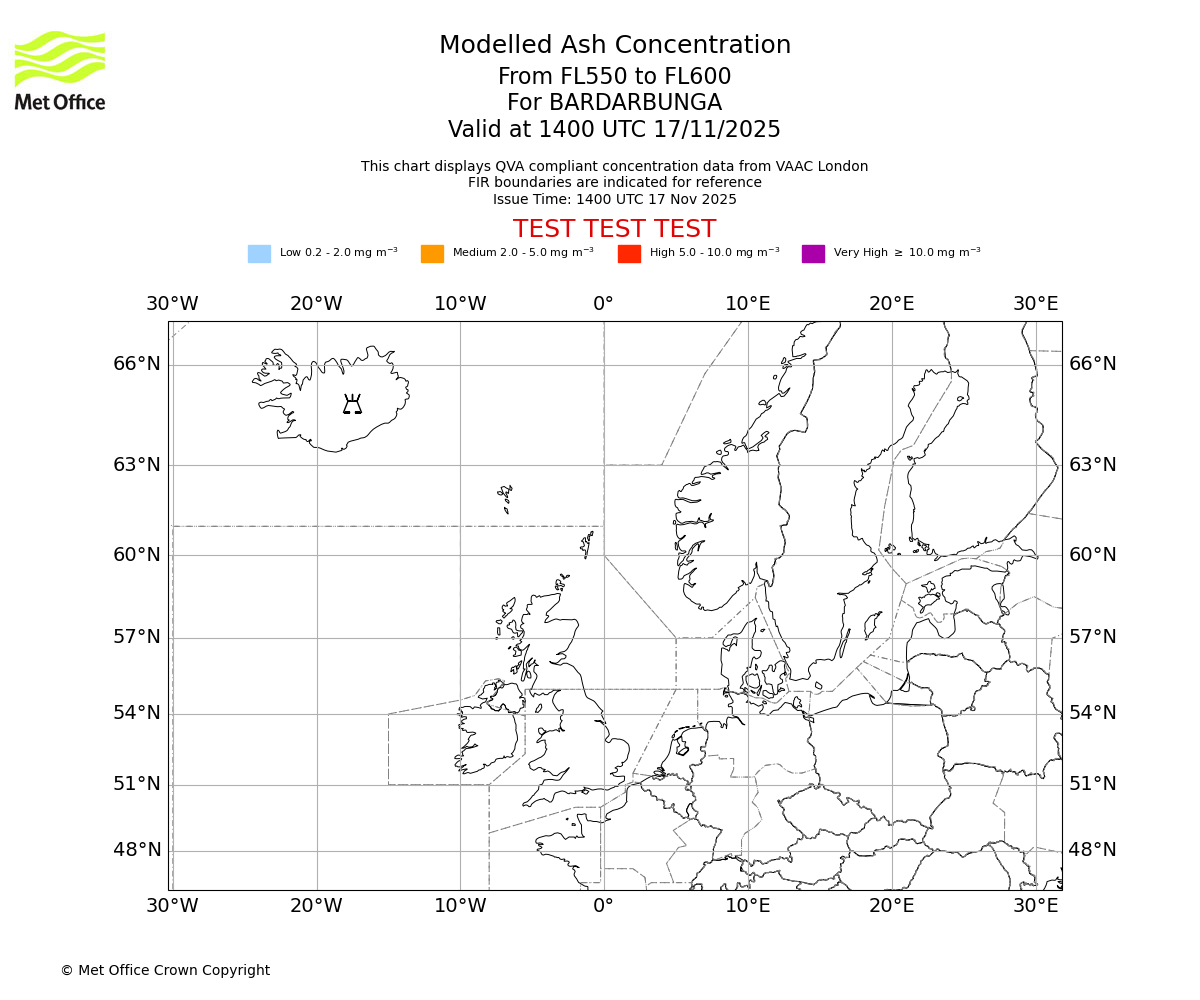 Modelled ash concentration from 550 to 600 for BARDARBUNGA. Valid at 1400 UTC 17/11/2025
