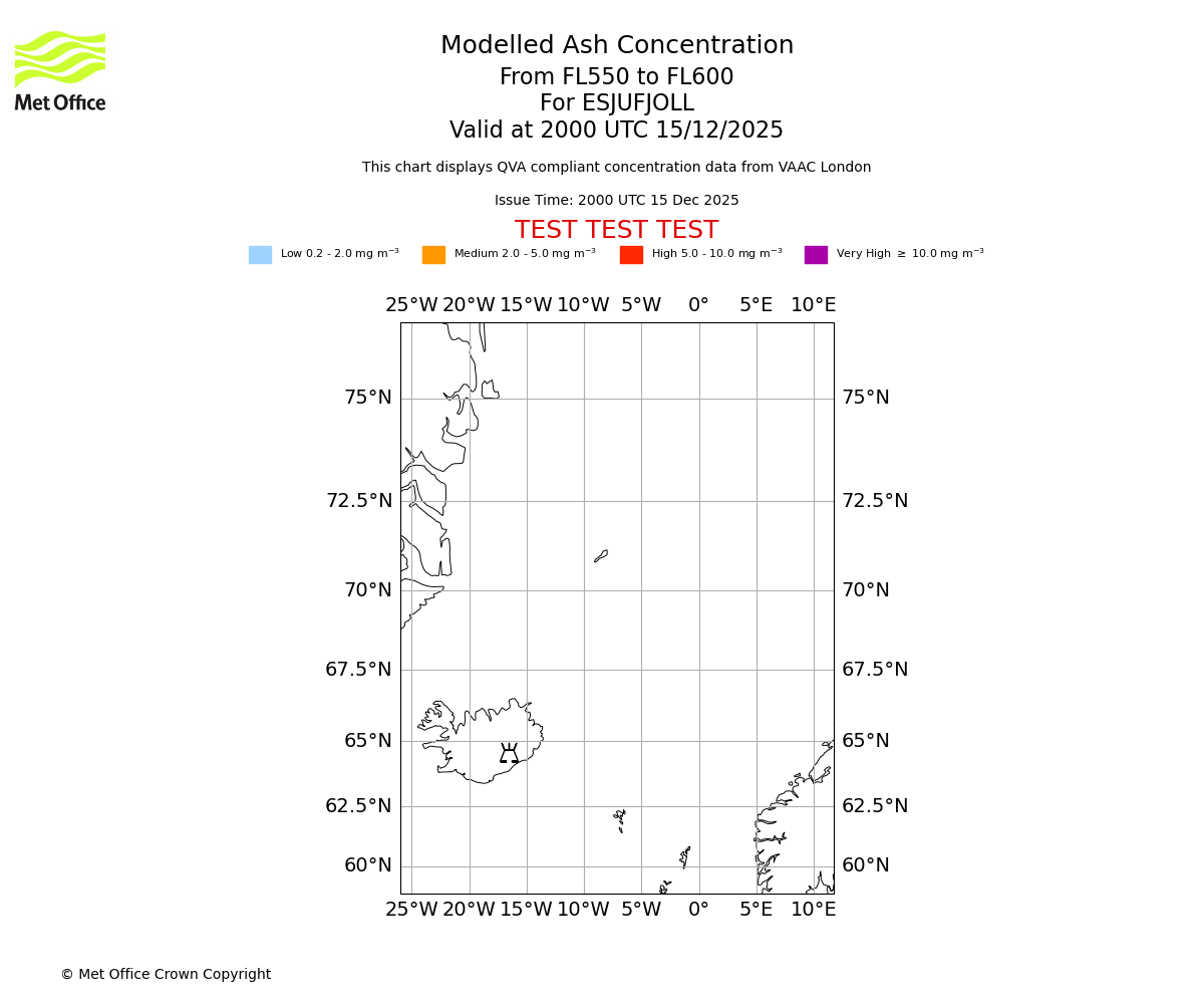 Modelled ash concentration from 550 to 600 for ESJUFJOLL. Valid at 2000 UTC 15/12/2025