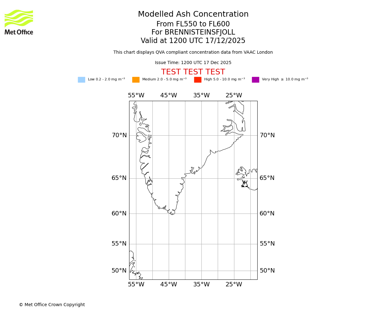 Modelled ash concentration from 550 to 600 for BRENNISTEINSFJOLL. Valid at 1200 UTC 17/12/2025
