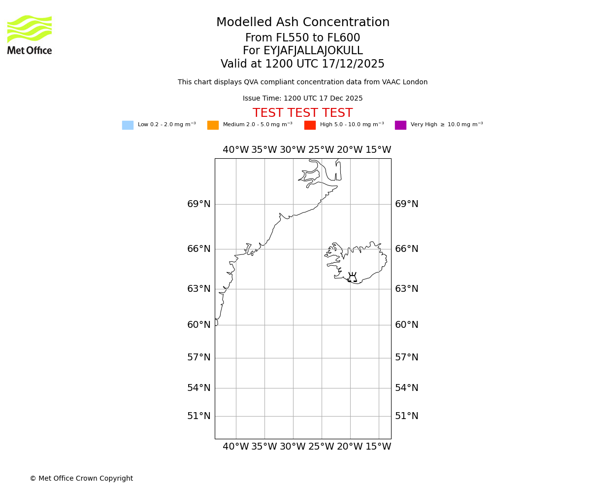 Modelled ash concentration from 550 to 600 for EYJAFJALLAJOKULL. Valid at 1200 UTC 17/12/2025