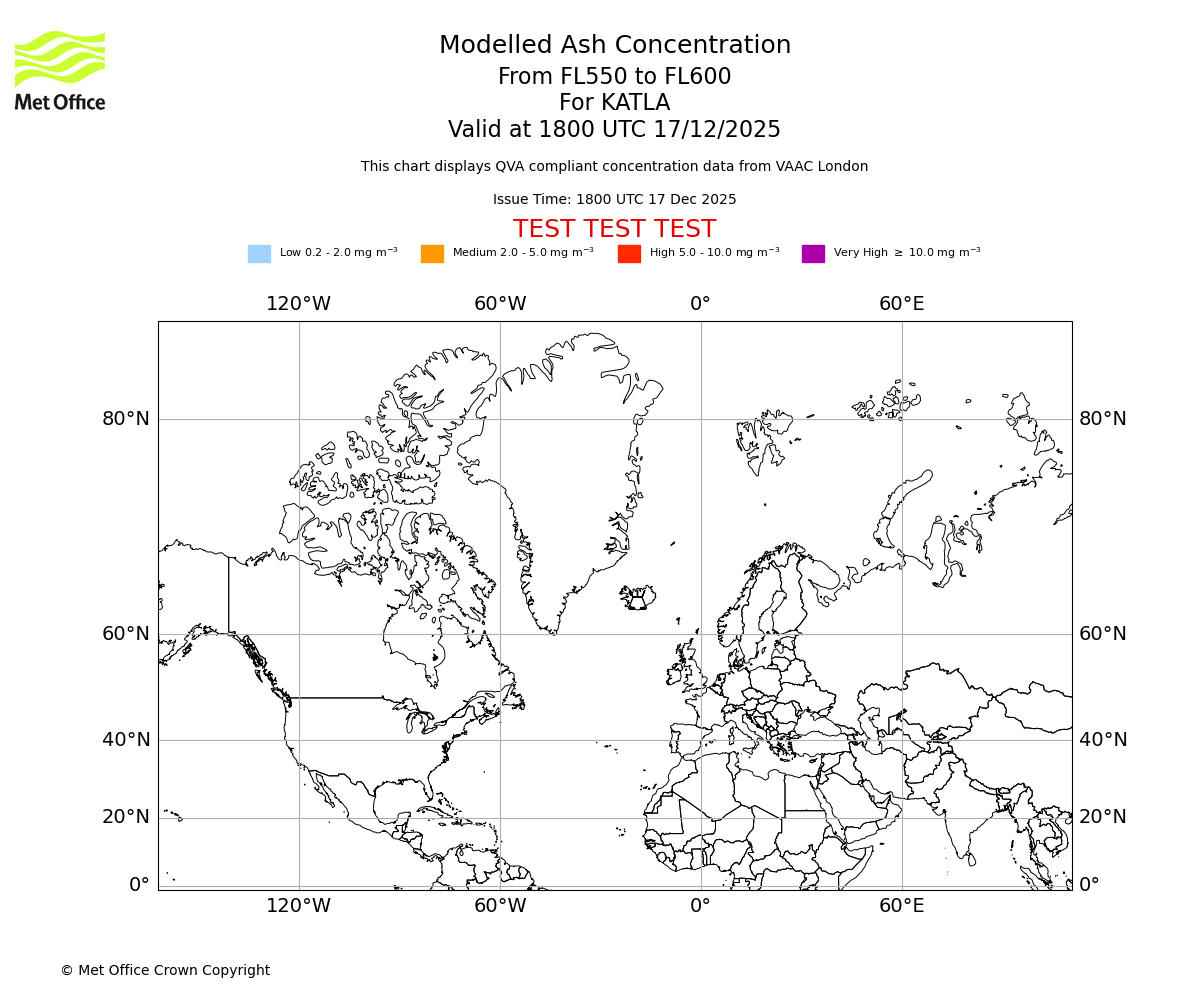 Modelled ash concentration from 550 to 600 for KATLA. Valid at 1800 UTC 17/12/2025