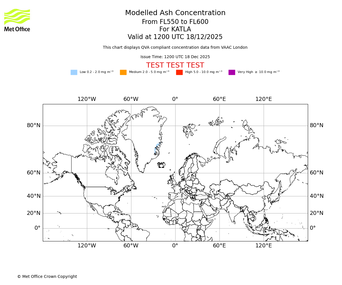 Modelled ash concentration from 550 to 600 for KATLA. Valid at 1200 UTC 18/12/2025