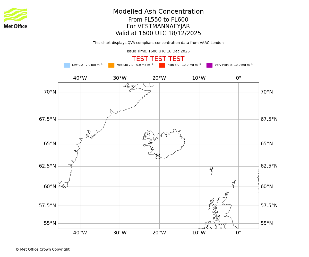 Modelled ash concentration from 550 to 600 for VESTMANNAEYJAR. Valid at 1600 UTC 18/12/2025