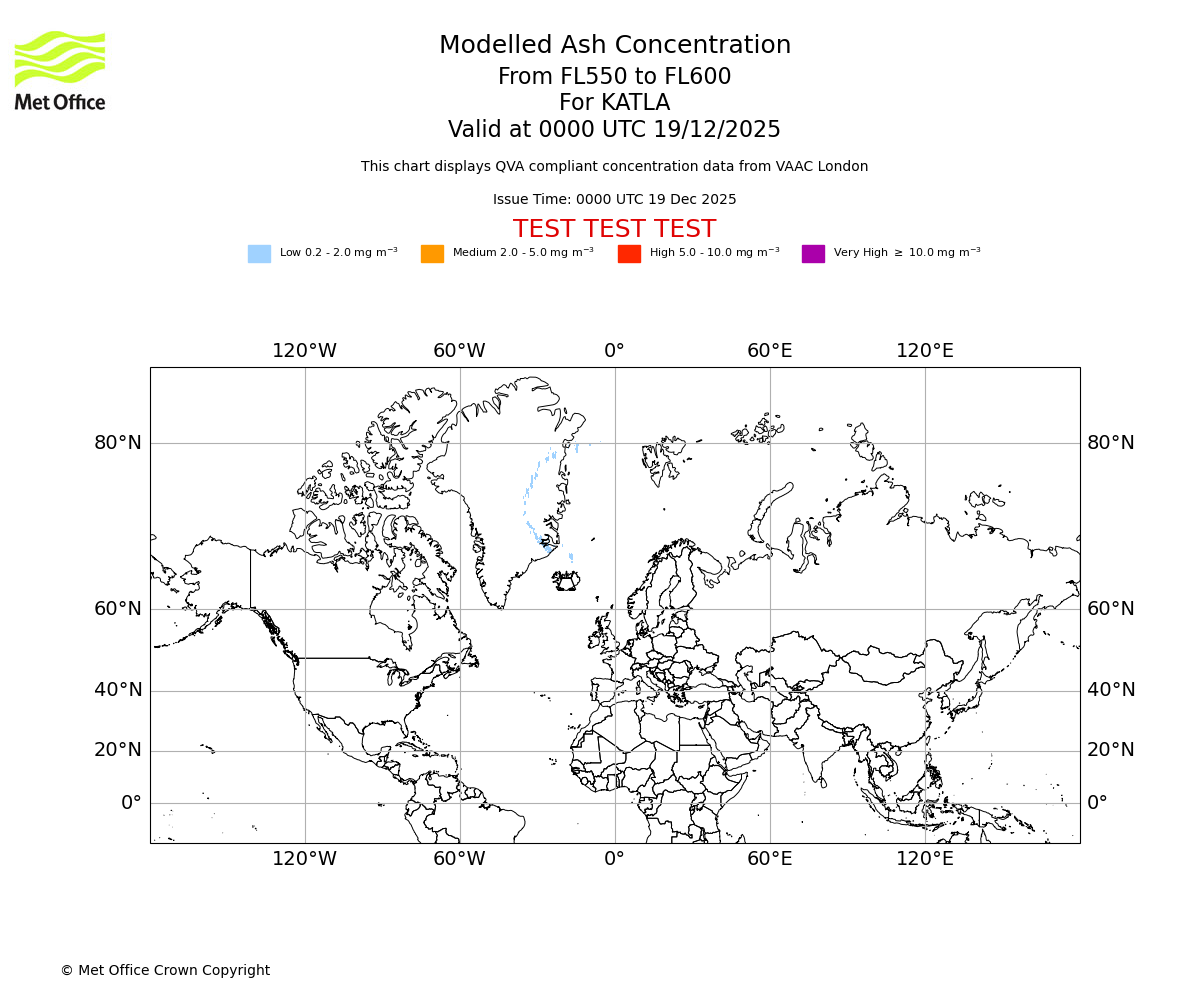 Modelled ash concentration from 550 to 600 for KATLA. Valid at 0000 UTC 19/12/2025