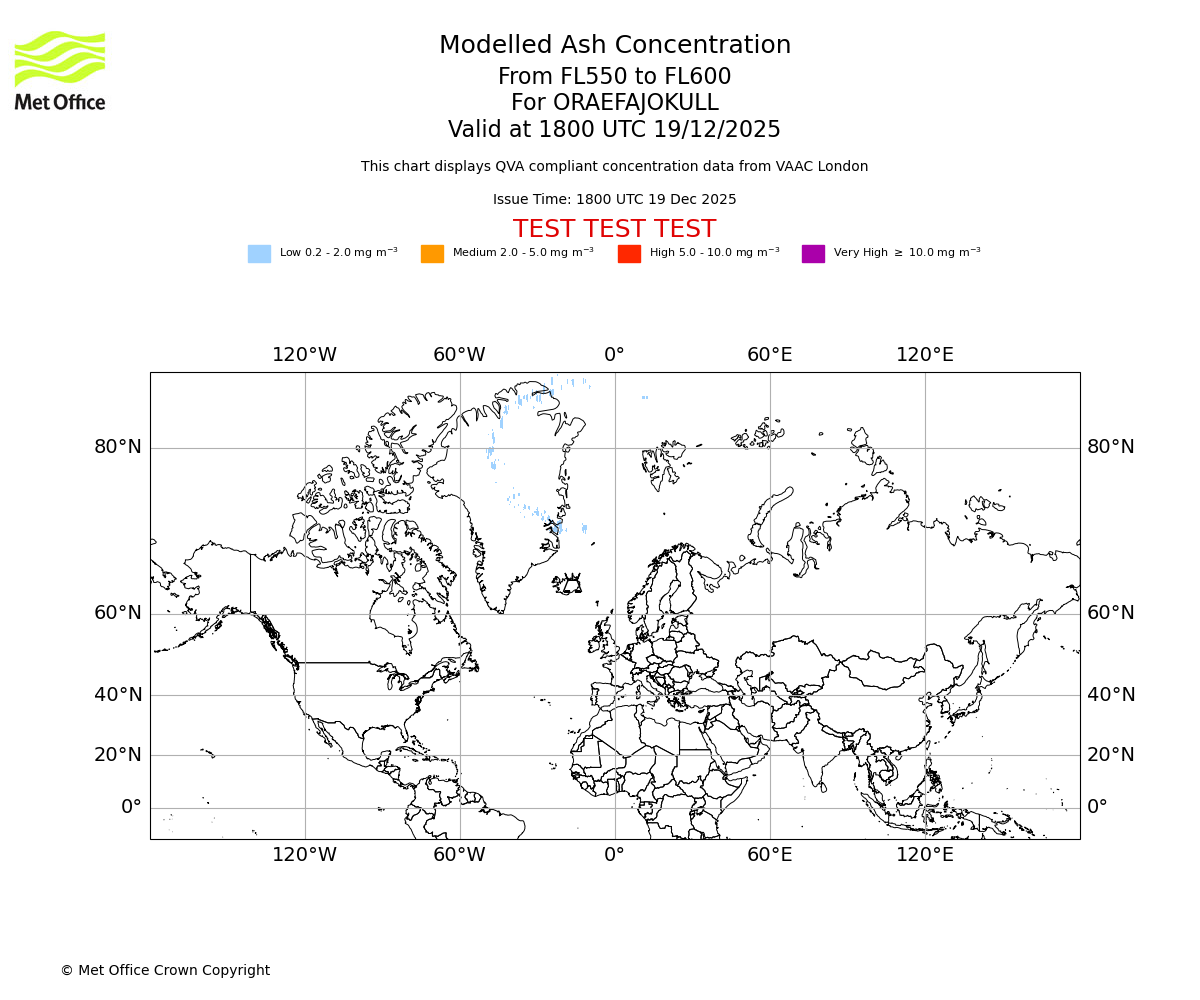 Modelled ash concentration from 550 to 600 for ORAEFAJOKULL. Valid at 1800 UTC 19/12/2025