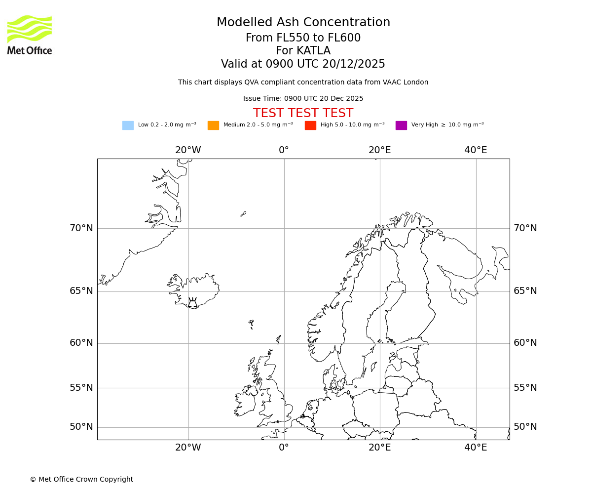 Modelled ash concentration from 550 to 600 for KATLA. Valid at 0900 UTC 20/12/2025