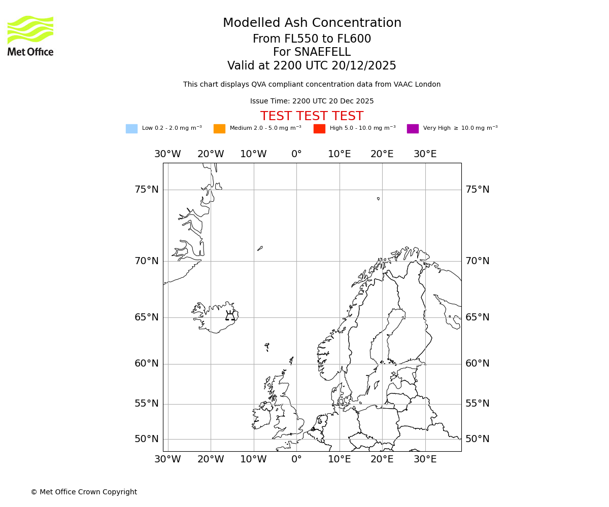 Modelled ash concentration from 550 to 600 for SNAEFELL. Valid at 2200 UTC 20/12/2025
