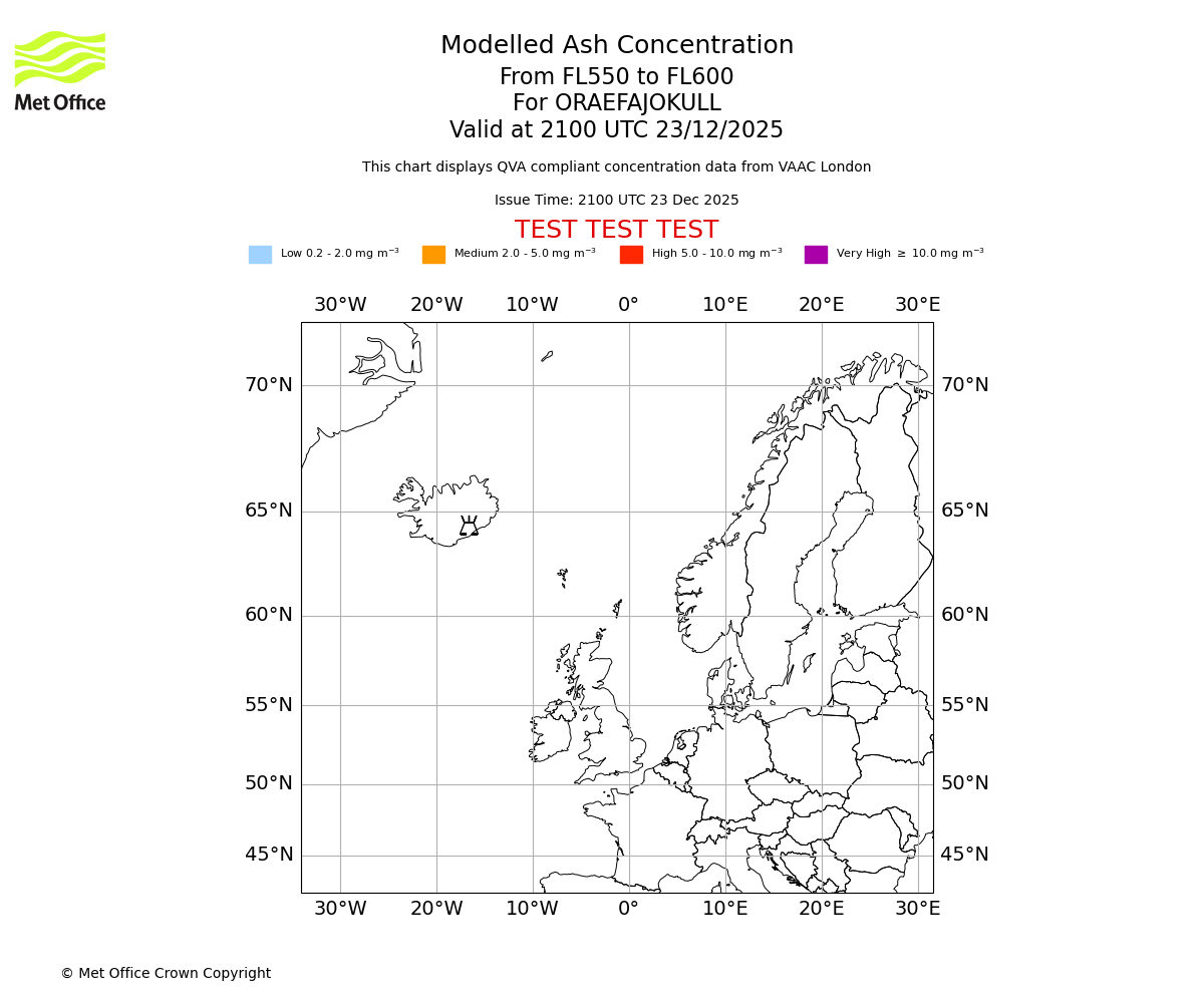 Modelled ash concentration from 550 to 600 for ORAEFAJOKULL. Valid at 2100 UTC 23/12/2025