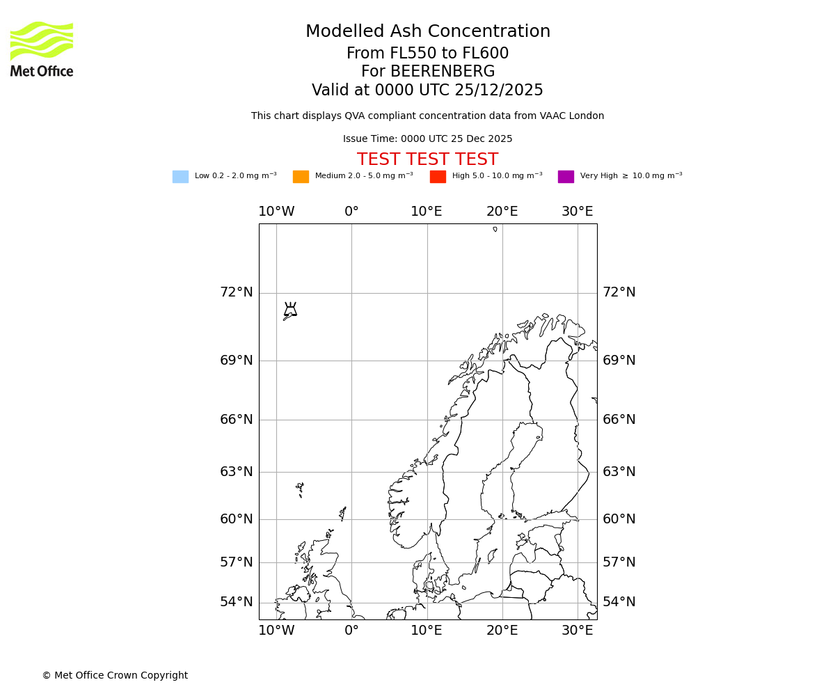 Modelled ash concentration from 550 to 600 for BEERENBERG. Valid at 0000 UTC 25/12/2025