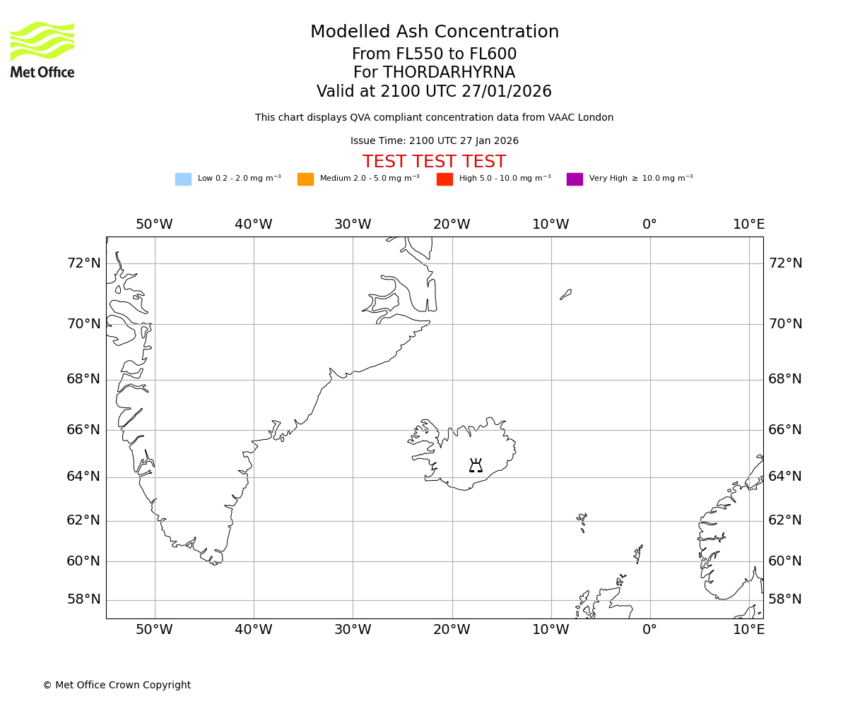 Modelled ash concentration from 550 to 600 for THORDARHYRNA. Valid at 2100 UTC 27/01/2026