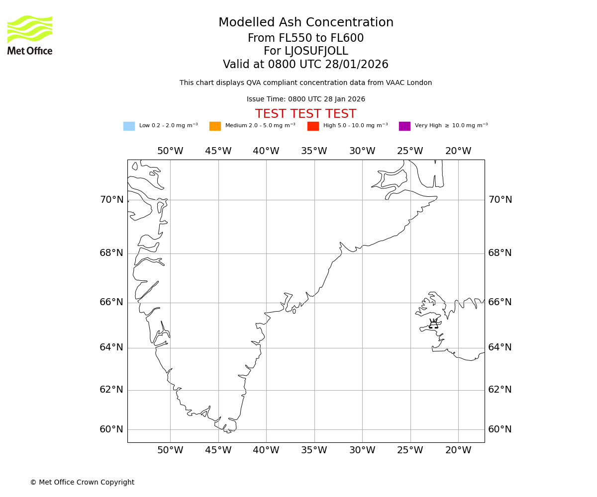 Modelled ash concentration from 550 to 600 for LJOSUFJOLL. Valid at 0800 UTC 28/01/2026