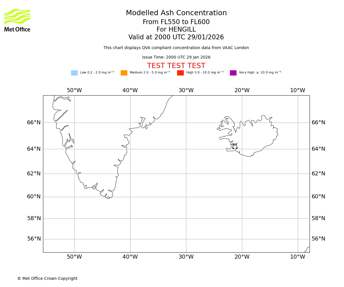 Modelled ash concentration from 550 to 600 for HENGILL. Valid at 2000 UTC 29/01/2026