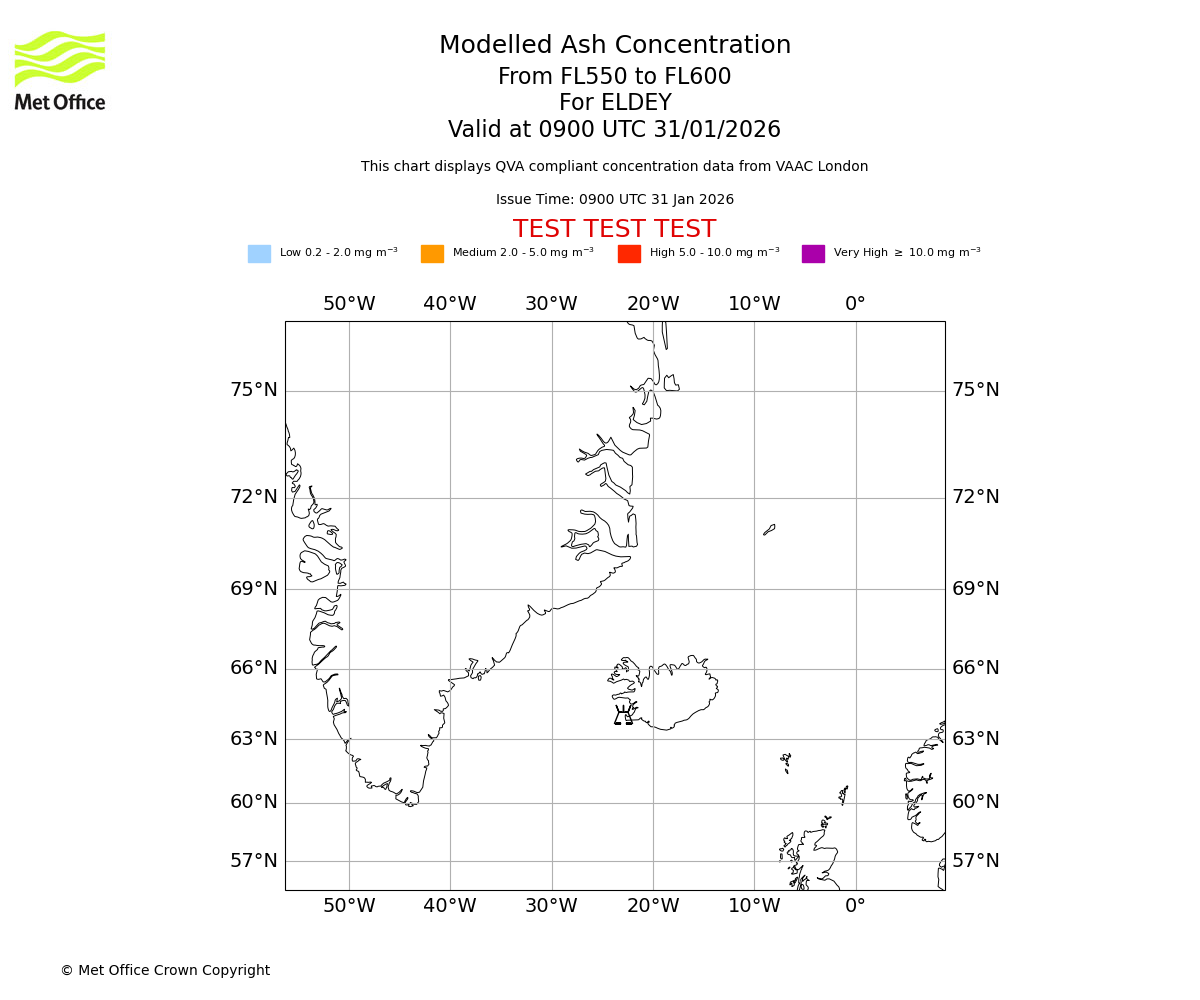 Modelled ash concentration from 550 to 600 for ELDEY. Valid at 0900 UTC 31/01/2026