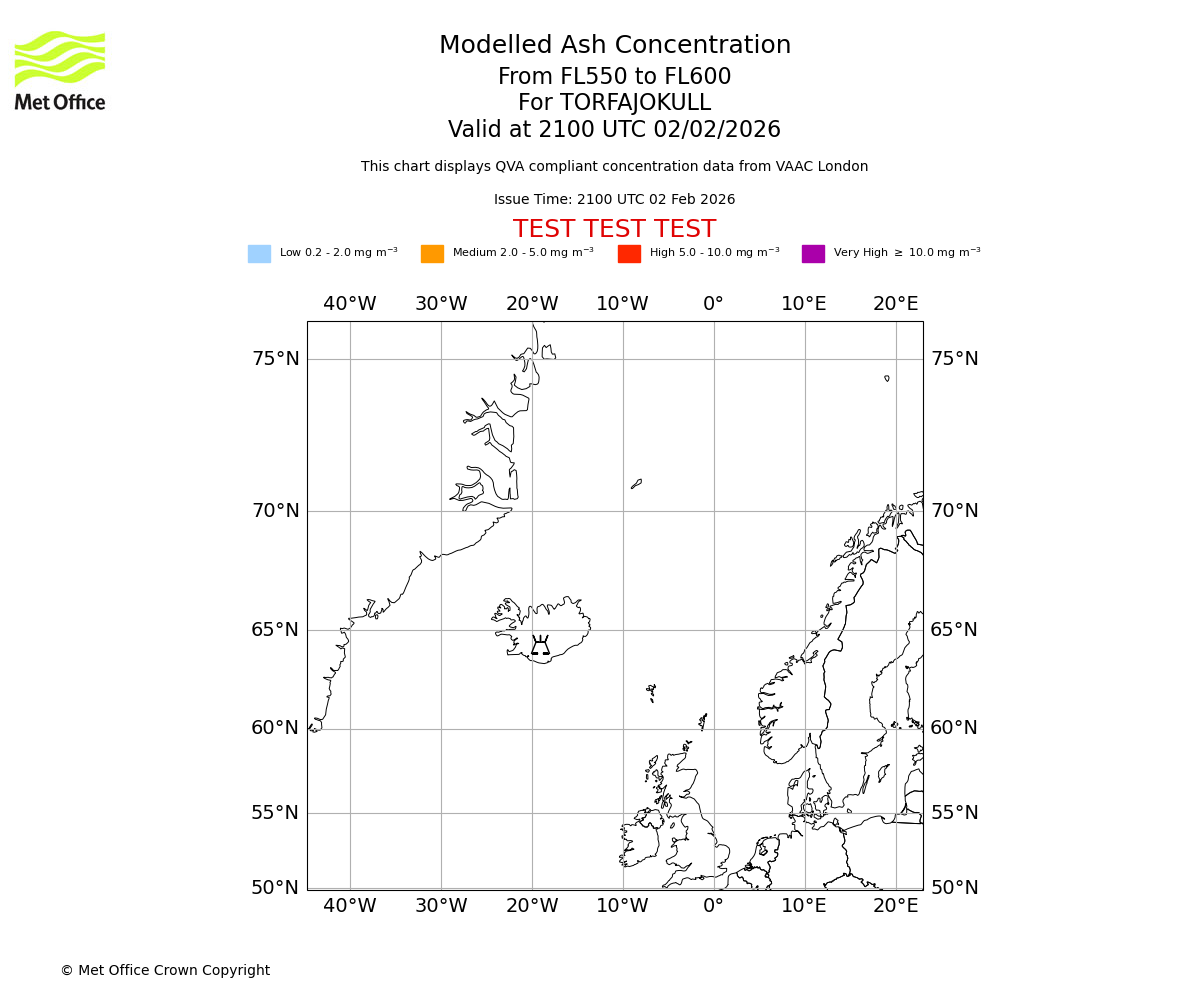 Modelled ash concentration from 550 to 600 for TORFAJOKULL. Valid at 2100 UTC 02/02/2026
