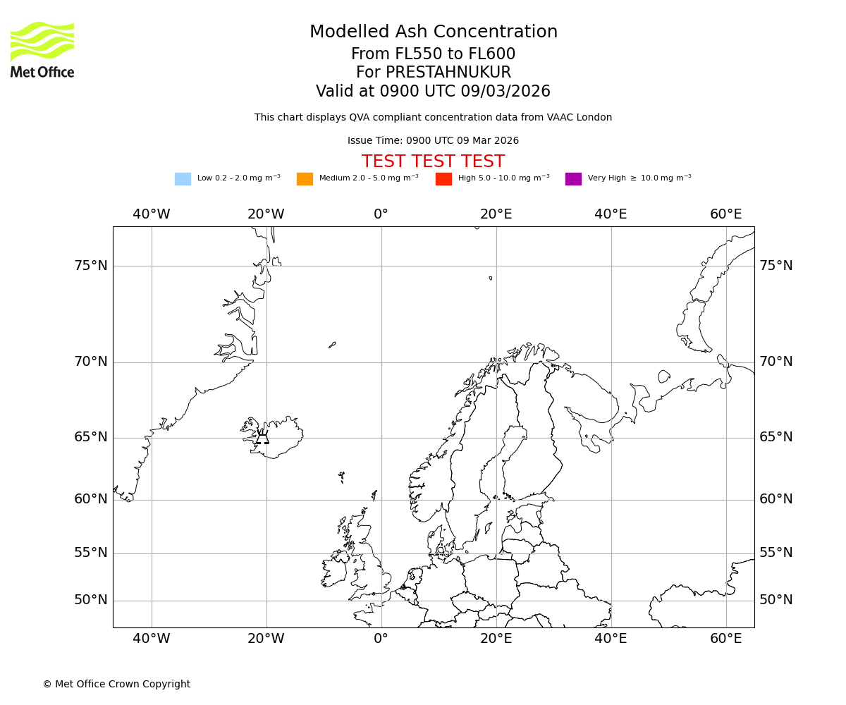 Modelled ash concentration from 550 to 600 for PRESTAHNUKUR. Valid at 0900 UTC 09/03/2026