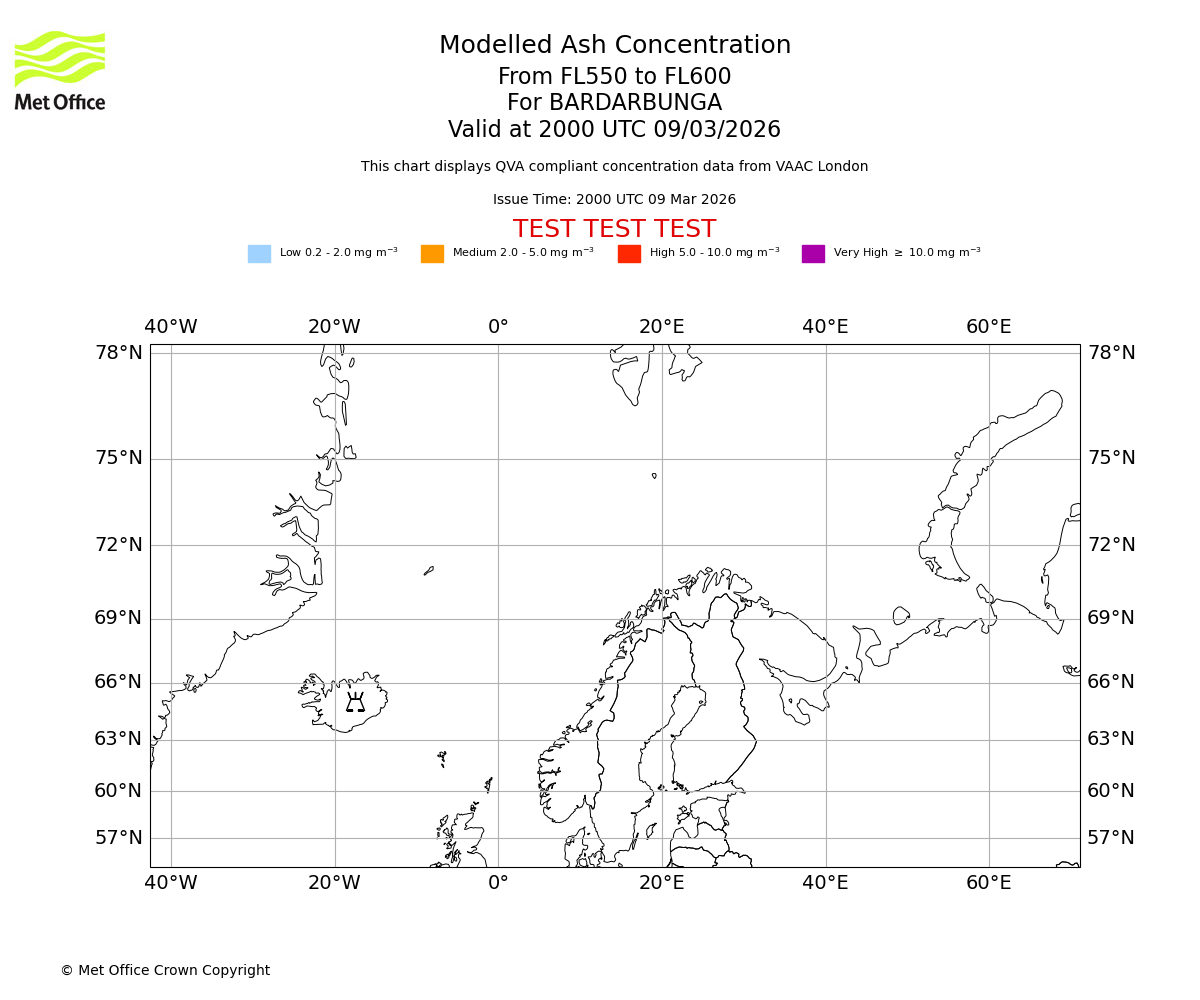 Modelled ash concentration from 550 to 600 for BARDARBUNGA. Valid at 2000 UTC 09/03/2026