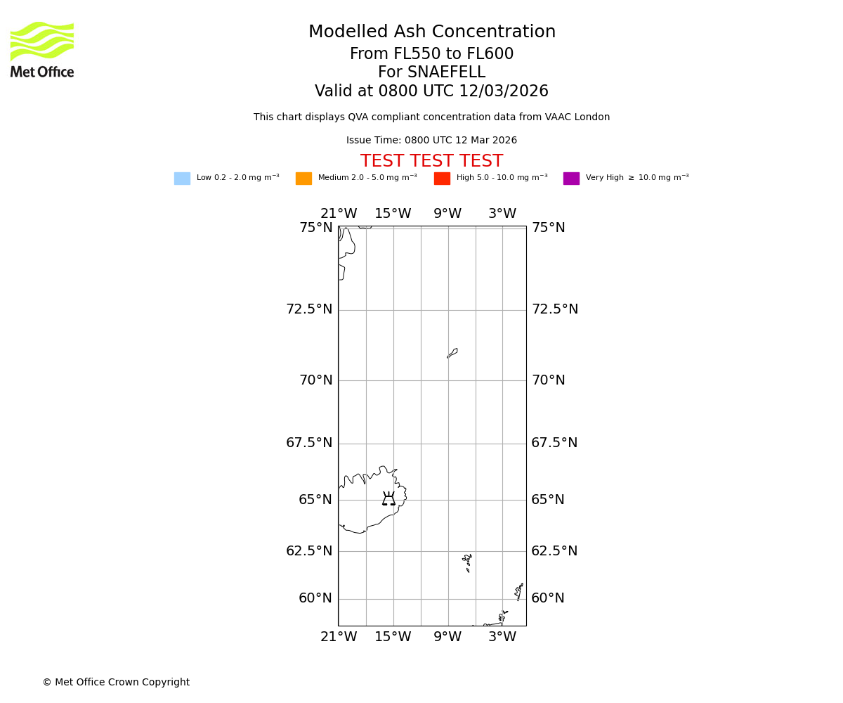 Modelled ash concentration from 550 to 600 for SNAEFELL. Valid at 0800 UTC 12/03/2026