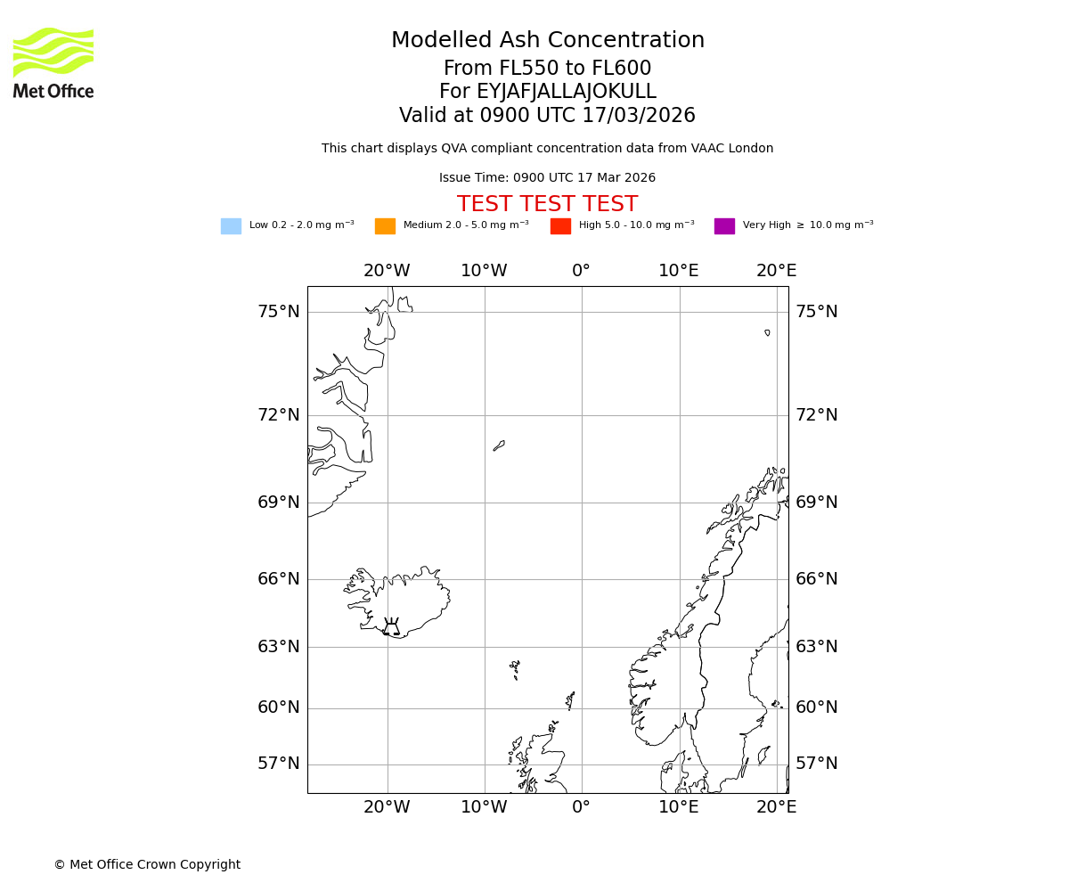 Modelled ash concentration from 550 to 600 for EYJAFJALLAJOKULL. Valid at 0900 UTC 17/03/2026