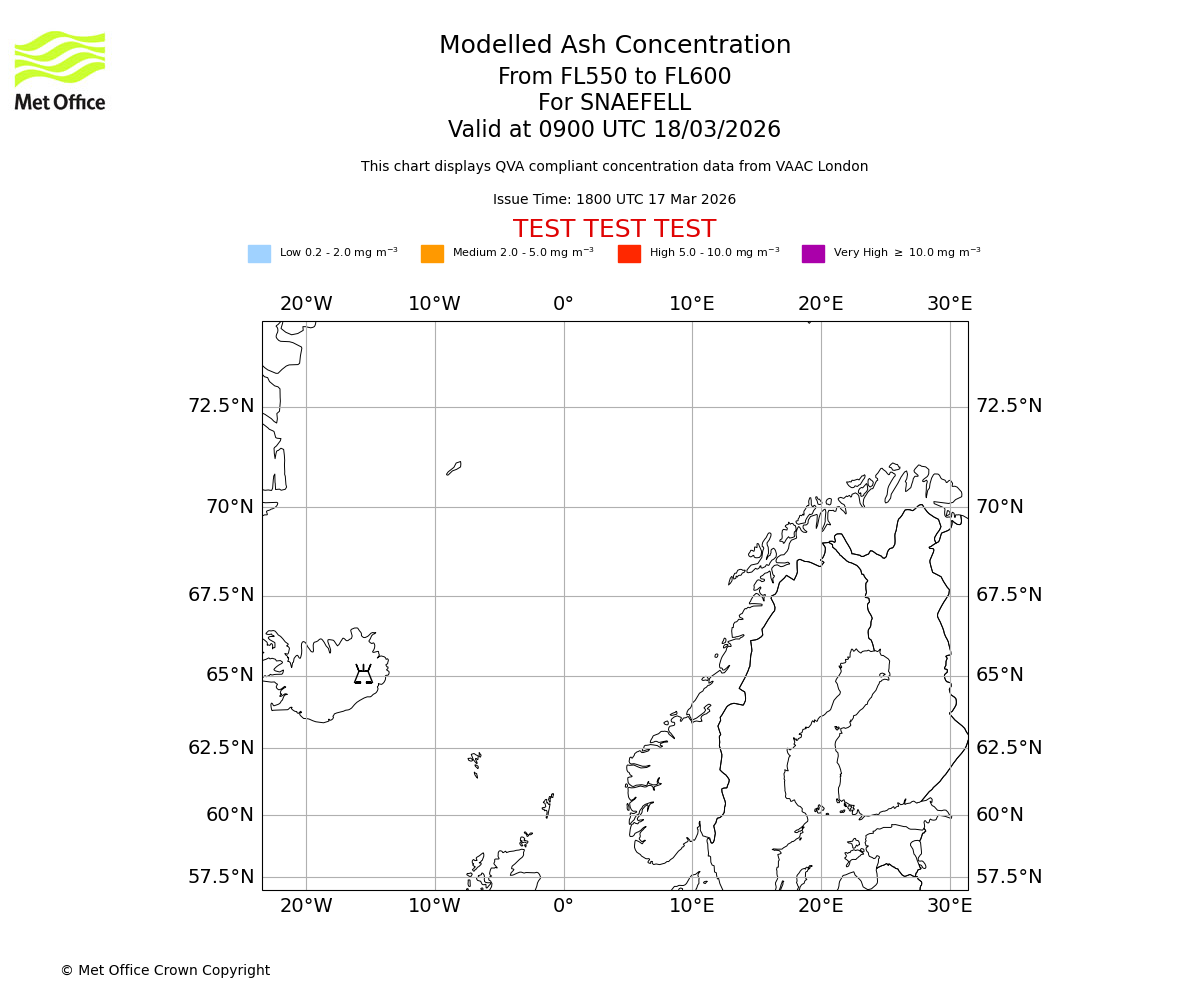 Modelled ash concentration from 550 to 600 for SNAEFELL. Valid at 0900 UTC 18/03/2026