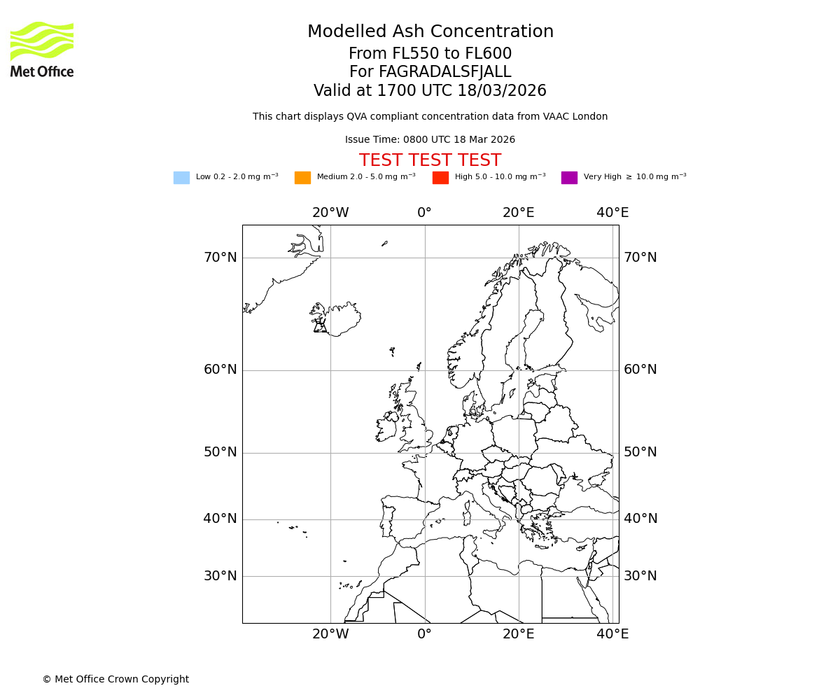 Modelled ash concentration from 550 to 600 for FAGRADALSFJALL. Valid at 1700 UTC 18/03/2026