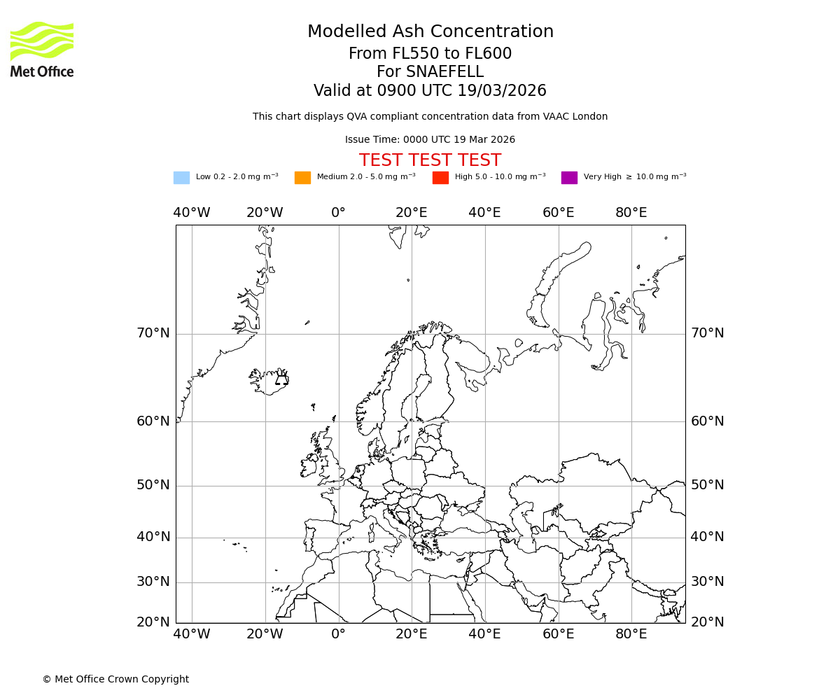 Modelled ash concentration from 550 to 600 for SNAEFELL. Valid at 0900 UTC 19/03/2026