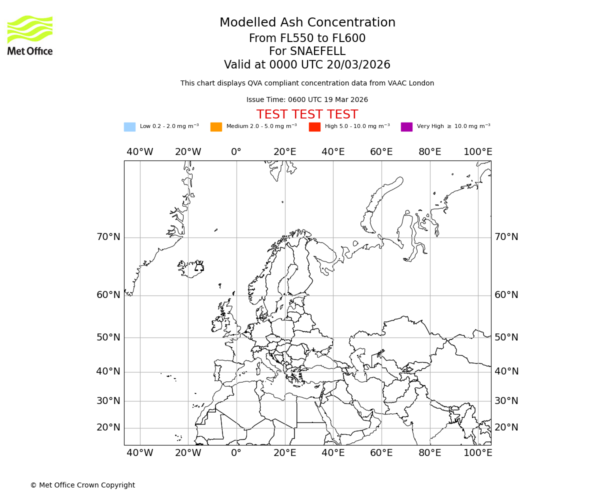 Modelled ash concentration from 550 to 600 for SNAEFELL. Valid at 0000 UTC 20/03/2026